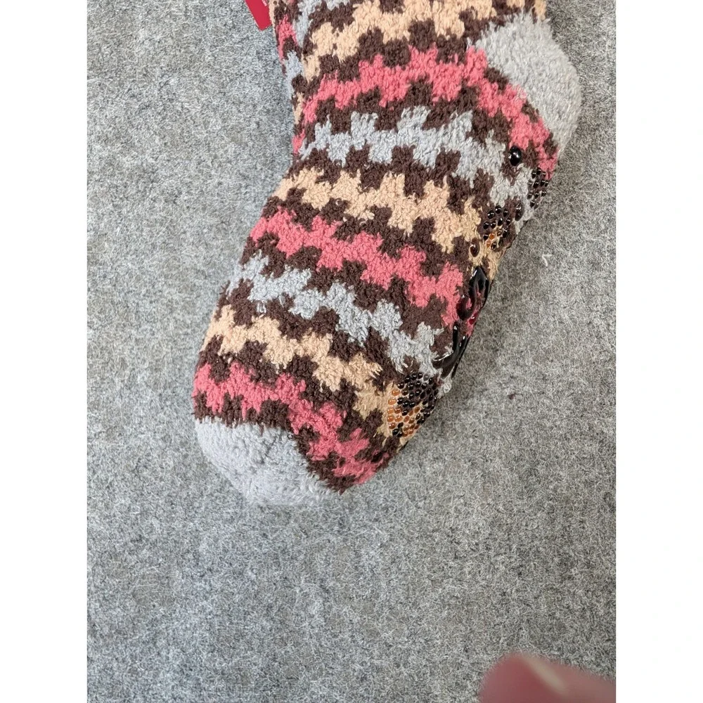 Muk Luks Aloe Infused Slipper Socks Pink Brown Houndstooth Faux Fur Lining S/M